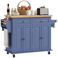 Kitchen Island with Storage, Rolling Trolley Cart with Rubber Wood Top, Spice Rack, Towel Rack, Brown Oak