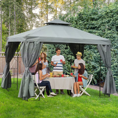 10' x 10' Patio Gazebo Outdoor, Canopy Shelter with Double-tier Roof, Pavilion Sidewalls for Garden Events, Brown