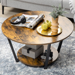2-Tier Round Coffee Table with Storage Shelf, Industrial Center Table with Steel Frame for Living Room, Rustic Brown