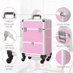 Portable Aluminum Makeup Train Cases, Rolling Makeup Case, Salon Beauty Cosmetic Jewelry Organizer Trolley with 4 Wheels, Black