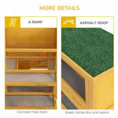 Wood Rabbit Hutch with 2 Large Main House, Ramp, Trays, Grey