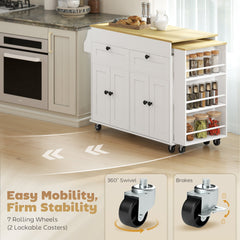 Kitchen Island with Sliding Expandable Top, Rolling Kitchen Cart with Drawers, Cabinets & Spice Rack, White