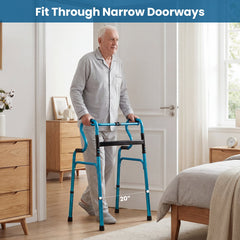 One-Button Folding Aluminum Walking Frame Walker Folding Walker for Seniors and Limited Mobility Users-Navy