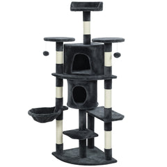 62" Cat Tree with Scratching Post, 2 Condos, Hammock, Perches, Plush, Pompoms, for Indoor Cats, Beige