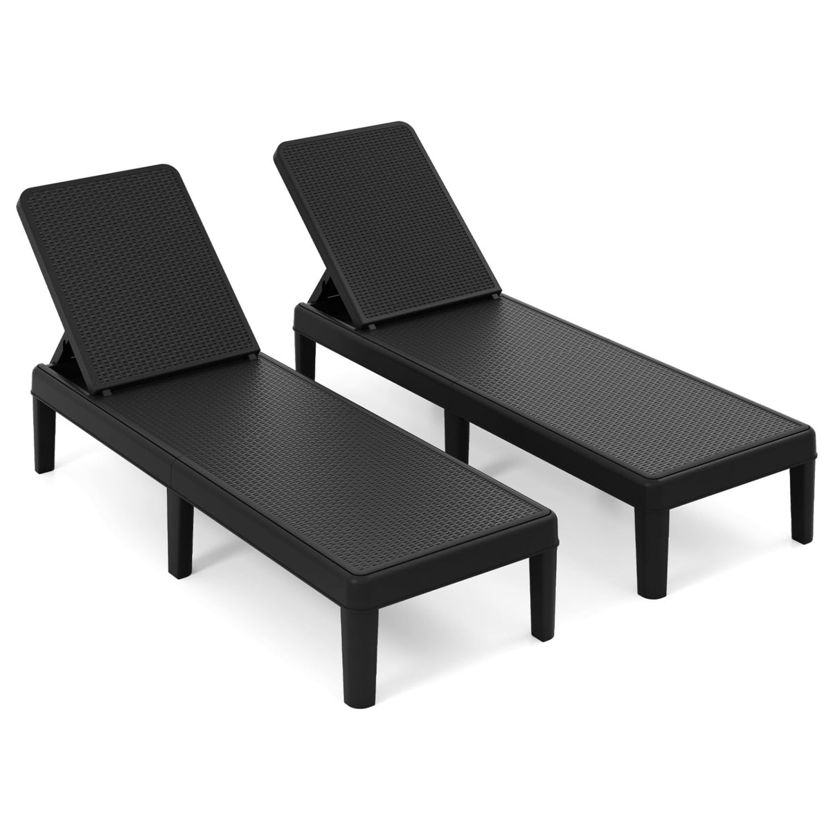Set of 2 Outdoor Chaise Loungers in Rattan Textured Resin, 330 lb Each, Black