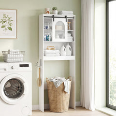 Over Toilet Storage Cabinet with Sliding Barn Door and Open Shelves for Bathroom-White
