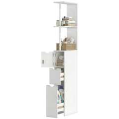 Tall Bathroom Storage Cabinet, Narrow Bathroom Cabinet with Drawers and Open Shelves for Small Spaces, White and Grey