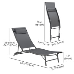 Folding Outdoor Chaise Lounge Chair Set of 2 with Adjustable Backrest, Headrest, Mesh Seat for Beach, Poolside, Grey