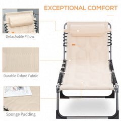 Outdoor Lounge Chair, Folding Chaise Lounge, Patio Padded Tanning Chair with 5-position Adjustable Backrest, Pillow and Pocket for Deck, Beach, Lawn and Sunbathing, Beige
