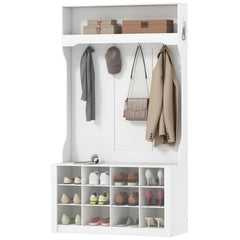 4-In-1 Hall Tree with Bench and Shoe Storage, Farmhouse Coat Rack Shoe Bench with 12 Shoe Cubbies, 6 Hooks, Dark Brown