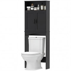 Over the Toilet Storage Cabinet Freestanding Bathroom Organizer with 2 Doors and Open Shelf Black