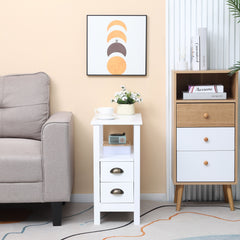 Slim End Table with 2 Drawers and Storage Shelf, Sofa Side Table for Living Room, Narrow Nightstand, White