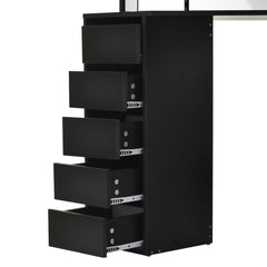 Corner Vanity Desk with Mirror, Makeup Vanity Table with 5 Drawers and Open Shelves, Dressing Table with 3-piece Mirror for Bedroom, Black