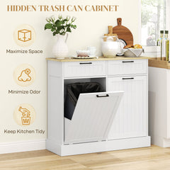 Hidden Garbage Bin Cabinet, Tilt Out Trash Cabinet w/ 2 Drawers, Freestanding Kitchen Island for Laundry, Black