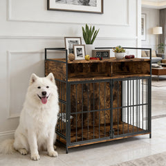 Dog Crate Furniture with Rotating Feeding Station Dog Kennel End Table Storage Shelves, Rustic Brown