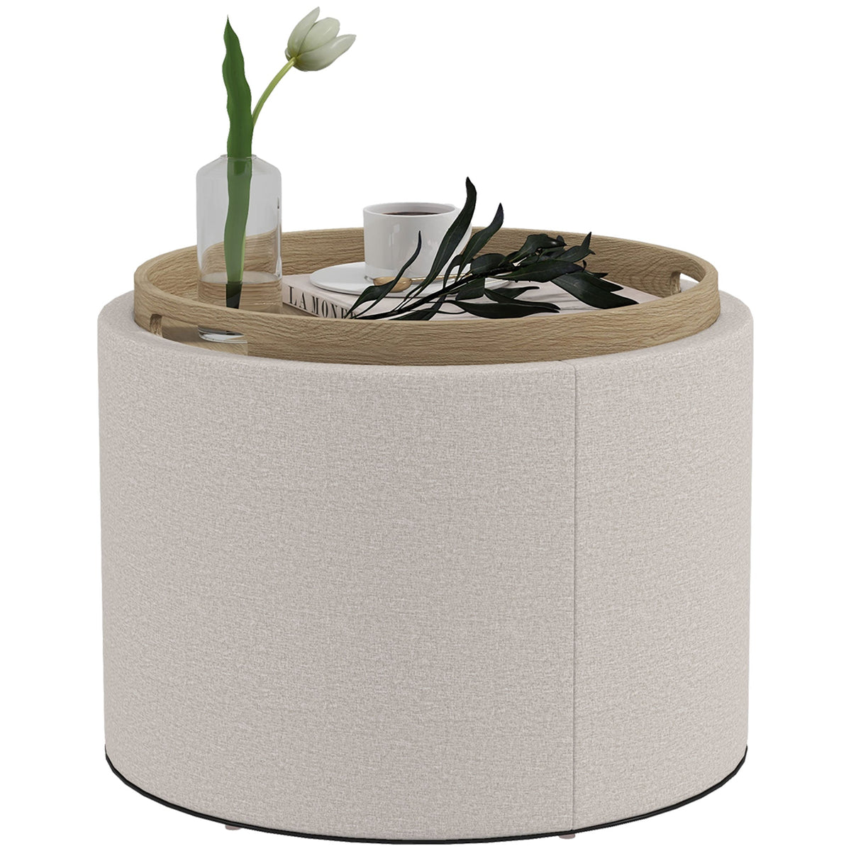 Round Coffee Table, End Table with Hidden Storage and Tray Top, Linen Upholstered Footrest for Living Room