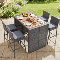 5 Piece Wicker Bar Height Patio Set, 48 Inch Acacia Top Table and Four Stools with Footrests, Grey