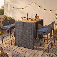 5 Piece Wicker Bar Height Patio Set, 48 Inch Acacia Top Table and Four Stools with Footrests, Grey