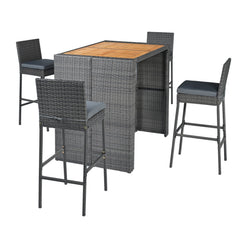 5 Piece Wicker Bar Height Patio Set, 48 Inch Acacia Top Table and Four Stools with Footrests, Grey