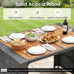 5 Piece Wicker Bar Height Patio Set, 48 Inch Acacia Top Table and Four Stools with Footrests, Grey