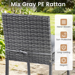 5 Piece Wicker Bar Height Patio Set, 48 Inch Acacia Top Table and Four Stools with Footrests, Grey