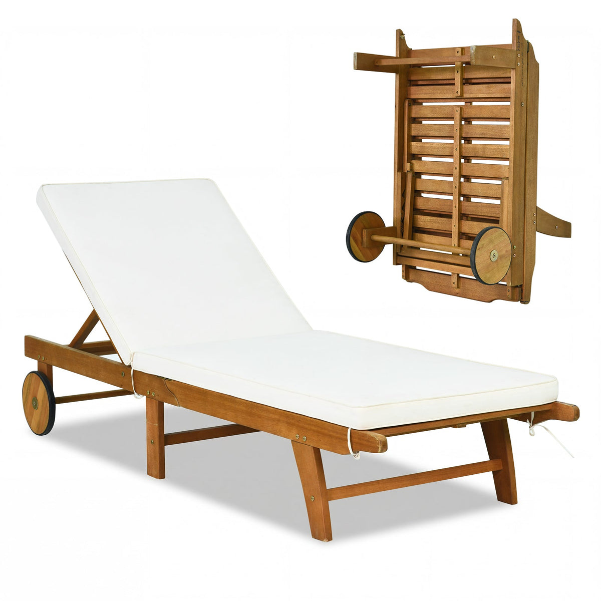 Folding Eucalyptus Chaise Lounge with Wheels and Thick Cushion, 400 lb
