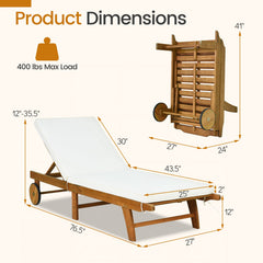 Folding Eucalyptus Chaise Lounge with Wheels and Thick Cushion, 400 lb