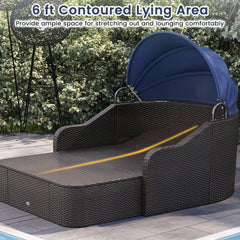 PE Rattan Daybed with Retractable Canopy and Separate Ottoman, Navy