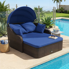 PE Rattan Daybed with Retractable Canopy and Separate Ottoman, Navy