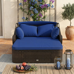 PE Rattan Daybed with Retractable Canopy and Separate Ottoman, Navy