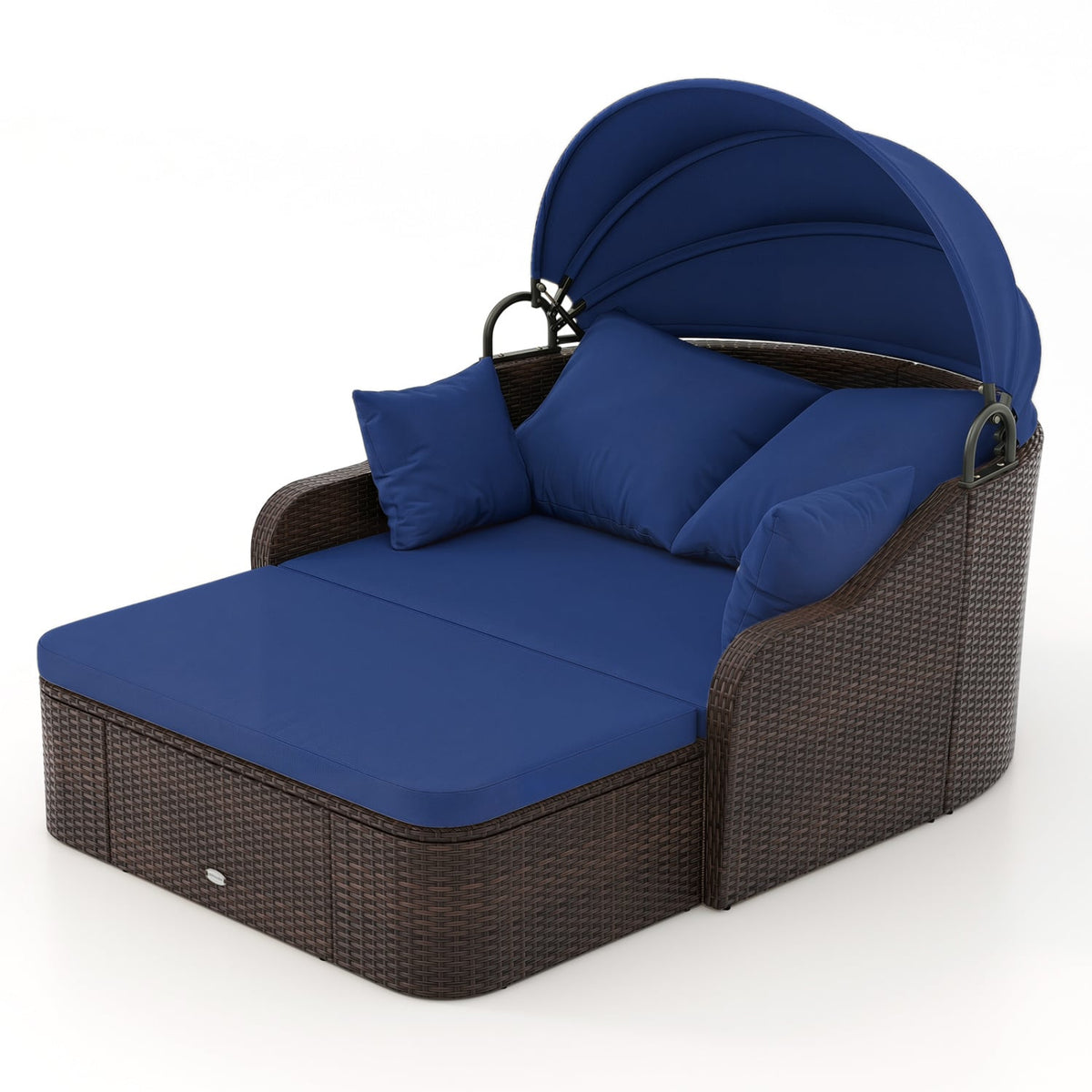 PE Rattan Daybed with Retractable Canopy and Separate Ottoman, Navy