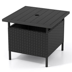 Patio Square Wicker Side Table with Umbrella Hole for Yard-Black