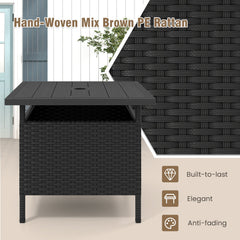 Patio Square Wicker Side Table with Umbrella Hole for Yard-Black
