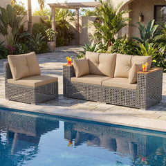 Wicker Sectional Set with Wooden Arm Tops, 1 Armless and 2 Corner Sofas, Beige
