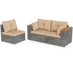 Wicker Sectional Set with Wooden Arm Tops, 1 Armless and 2 Corner Sofas, Beige