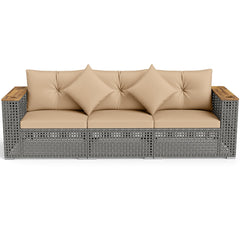 Wicker Sectional Set with Wooden Arm Tops, 1 Armless and 2 Corner Sofas, Beige