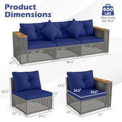 Wicker Sectional Set with Wooden Arm Tops, 1 Armless and 2 Corner Sofas, Navy