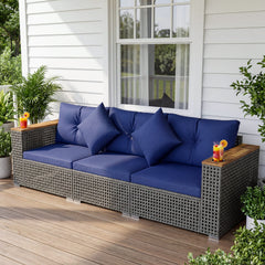 Wicker Sectional Set with Wooden Arm Tops, 1 Armless and 2 Corner Sofas, Navy