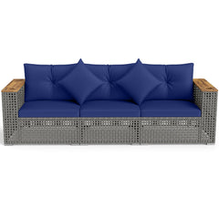 Wicker Sectional Set with Wooden Arm Tops, 1 Armless and 2 Corner Sofas, Navy
