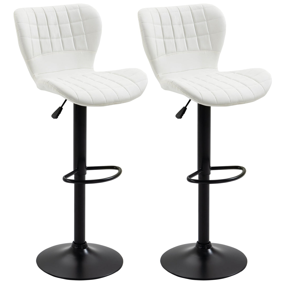 Bar Stools Set of 2 Adjustable Height Swivel Bar Chairs in PU Leather with Backrest & Footrest, White
