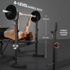 Weight Bench Stand with Squat Rack, Adjustable Olympic Bench, Multifunctional Arm Curl Pad, Leg Extension, Grey
