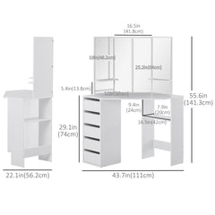 Corner Vanity Desk with Mirror, Makeup Vanity Table with 5 Drawers and Open Shelves, Dressing Table with 3-piece Mirror for Bedroom, Black
