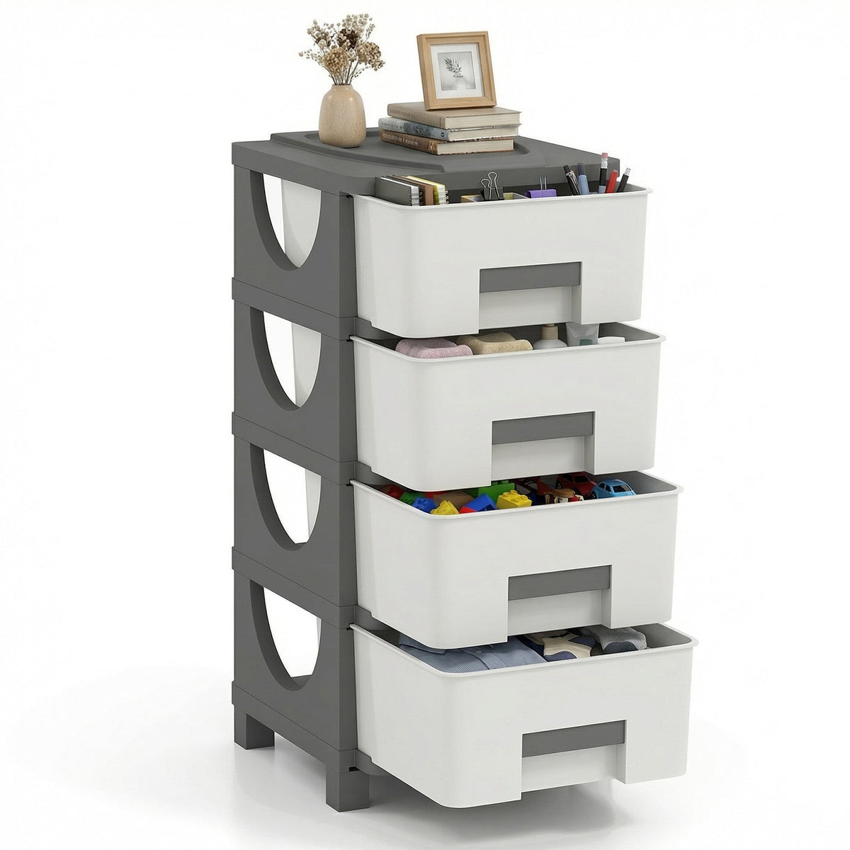 Plastic Storage Organizer with Compact Drawer Cabinet Side Table for Bedroom-Gray