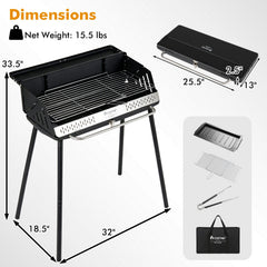 Portable Charcoal Grill with Detachable Legs, Adjustable Grate and Carrying Bag