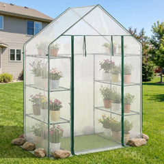 Portable Walk-in Greenhouse with 3 Tiers and 6 Shelves-White
