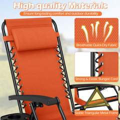 Portable Zero Gravity Chairs with Cup Holder Trays and Backrest Set of 2-Orange