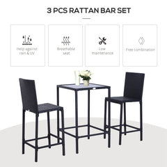 3 Piece Patio Bar Set Wicker Rattan Garden Bistro Set Barstool and Table for Patio Backyard Balcony Poolside, Black
