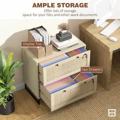 2-Drawer Filing Cabinet with Lock, Rattan File Cabinet with Adjustable Hanging Bar, Natural