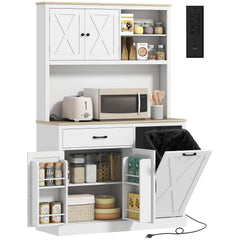 69" Pantry Cabinet with Charging Station, Kitchen Cabinet with Microwave Stand, Tilt-Out Trash Can Cabinet, Black