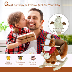 Baby Rocking Horse, Plush Animal Rocker for Toddlers Aged 18-36 Months, Stuffed Ride Toy with Hand Puppet, Sounds, Seat Belt, Brown